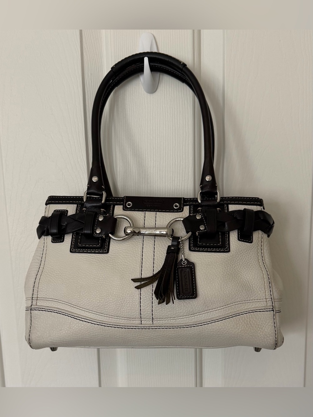 Coach Ivory and Dark Brown Leather Shoulder Bag with Tassel